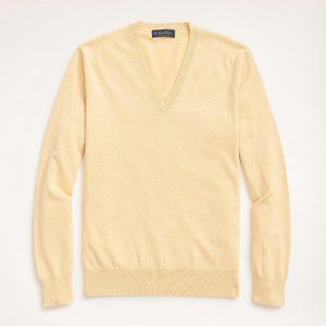 BROOKS BROTHERS Supima Premium Cotton V-Neck Sweater, Yellow Heather, Sz L